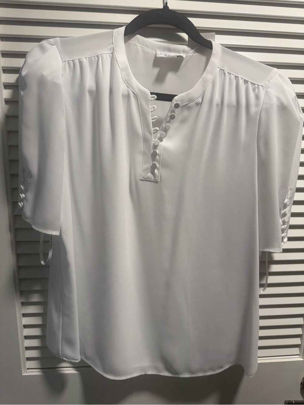 Calvin Klein White Button-Trim Short Sleeve Blouse